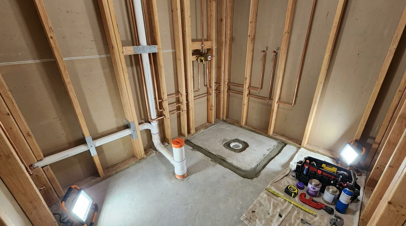 Bathroom rough-in plumbing during remodel by Johns Plumbing LLC in Hagerstown