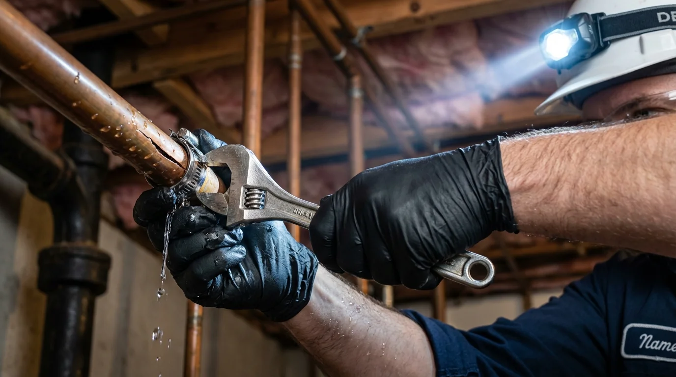Emergency pipe clamp repair being performed by a Johns Plumbing LLC plumber in Hagerstown