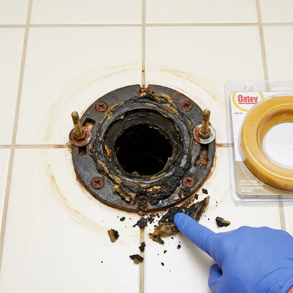 Failed wax ring showing water seepage at the base of a toilet in a Hagerstown, MD home