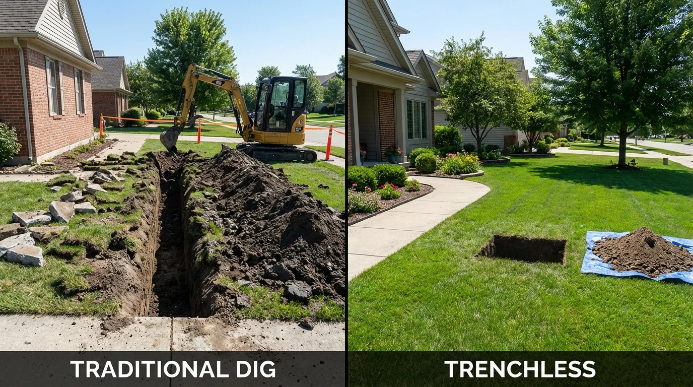 Trenchless sewer repair with minimal yard damage versus traditional excavation in Hagerstown, MD