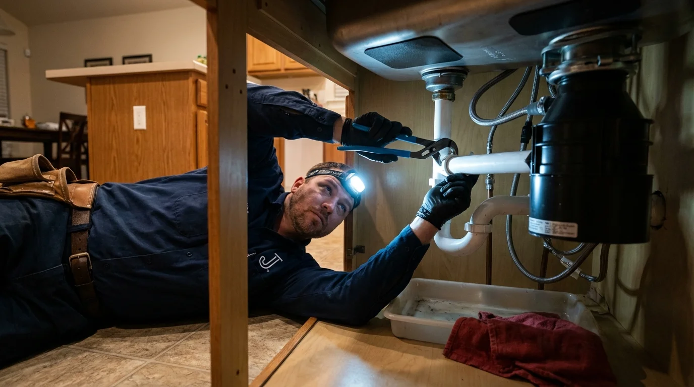 P-trap and supply line connections under a kitchen sink showing a common leak point in Hagerstown, MD